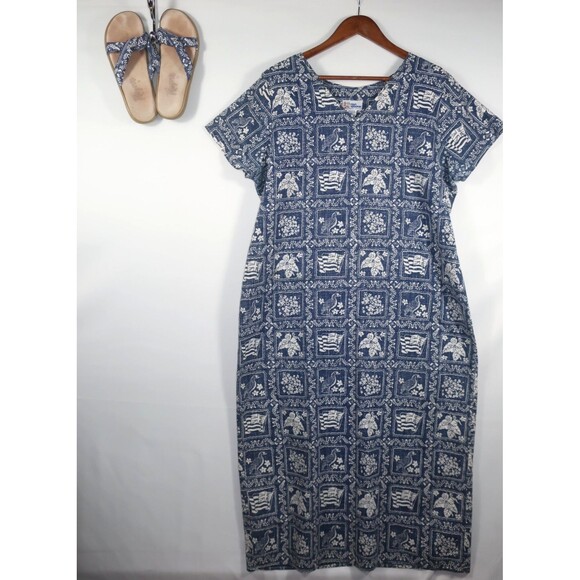 Vintage Reyn Spooner Hawaiian Dress w/  Sandals Blue White Floral Kaftan Size XL - Picture 1 of 7